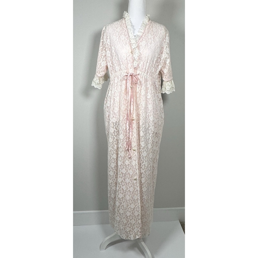 Vintage Pink Lace Maxi Robe Sheer Overlay Pockets Tie Waist Romantic M READ - Picture 3 of 16